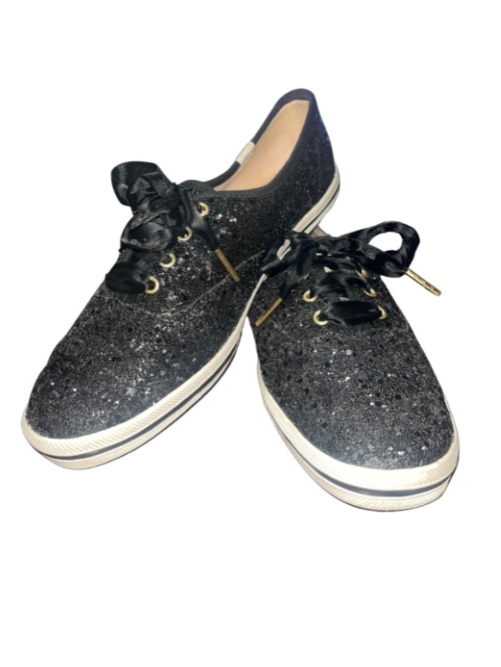 Keds x Kate Spade, Black, Glitter Satin Ribbon Lace-Up Sneakers, Size 7.5 - Picture 2 of 10